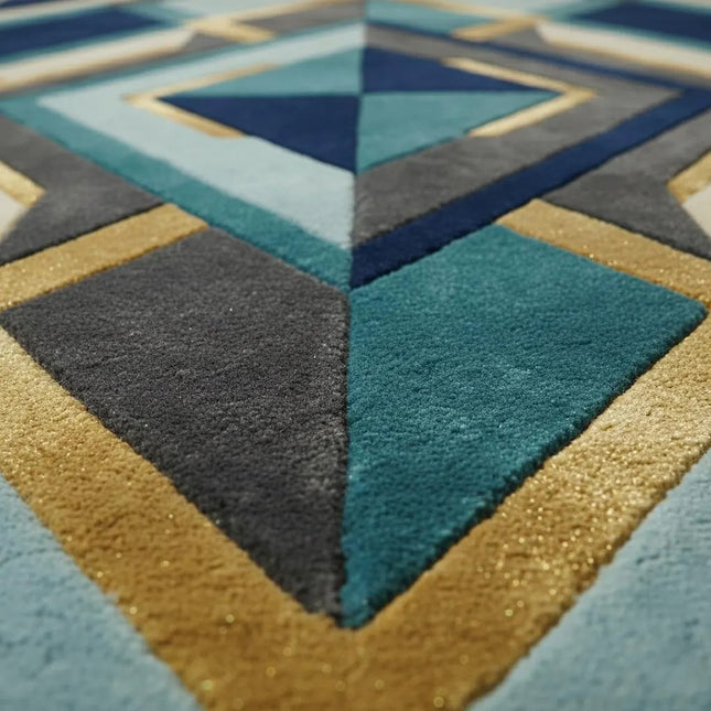Modern Geometric Hand Tufted Wool Rug, Blue Teal Gold Abstract Area Rug