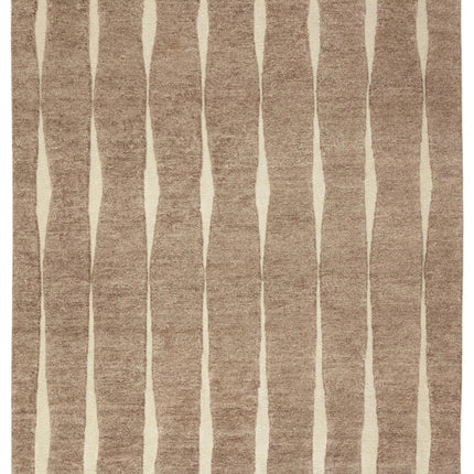 Hand Knotted Wool Rug 8x10: Abstract Vertical Stripe, Beige & Brown