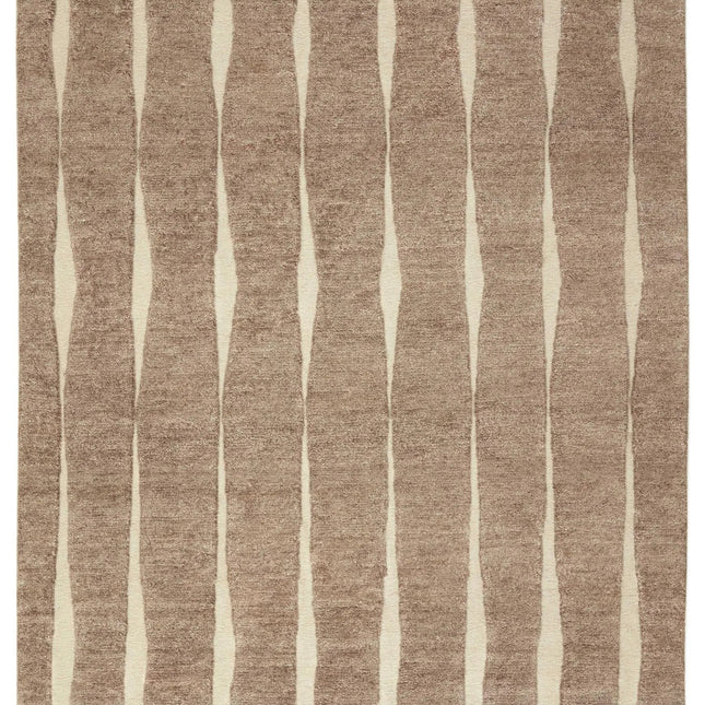 Hand Knotted Wool Rug 8x10: Abstract Vertical Stripe, Beige & Brown