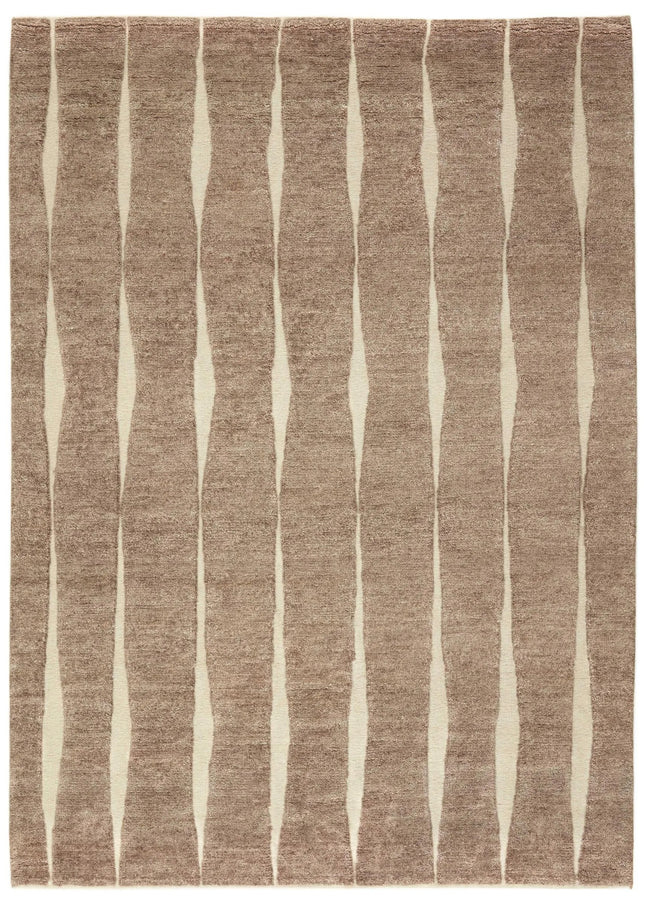 Hand Knotted Wool Rug 8x10: Abstract Vertical Stripe, Beige & Brown