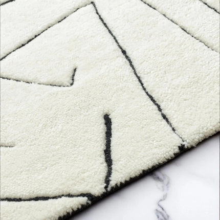 Hand-Tufted Wool Rug: 8x10 Cream & Black Abstract Line Art
