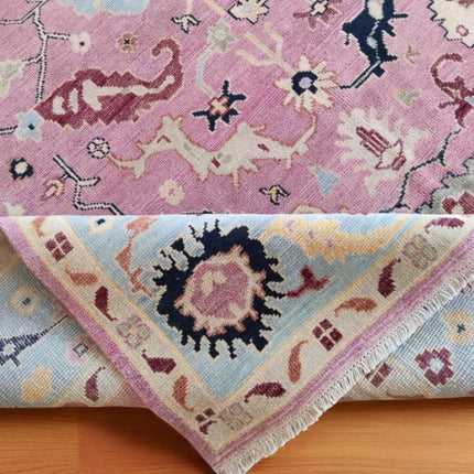 Hand-Knotted Oushak Wool Rug: Pink Turkish Floral Area Rug