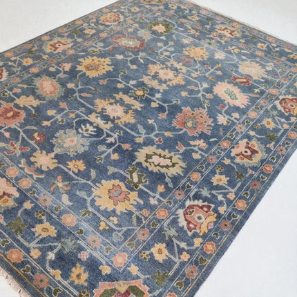 Hand Knotted Anatolian Wool Rug: 8x10 Blue Oushak Floral Design