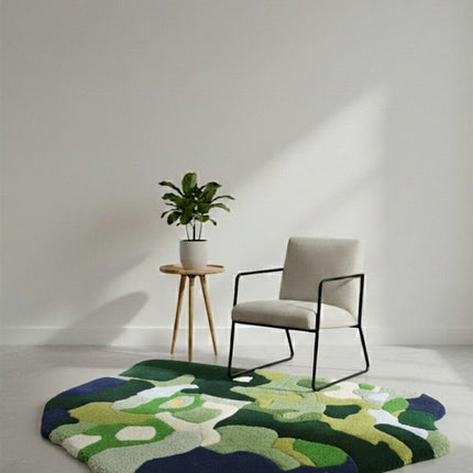 Modern Moss Green Abstract Rug, Hand-Tufted Organic Shape Wool Carpet