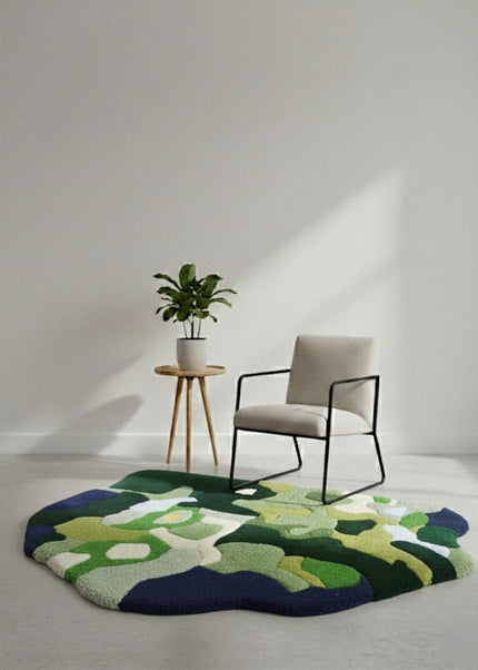 Modern Moss Green Abstract Rug, Hand-Tufted Organic Shape Wool Carpet