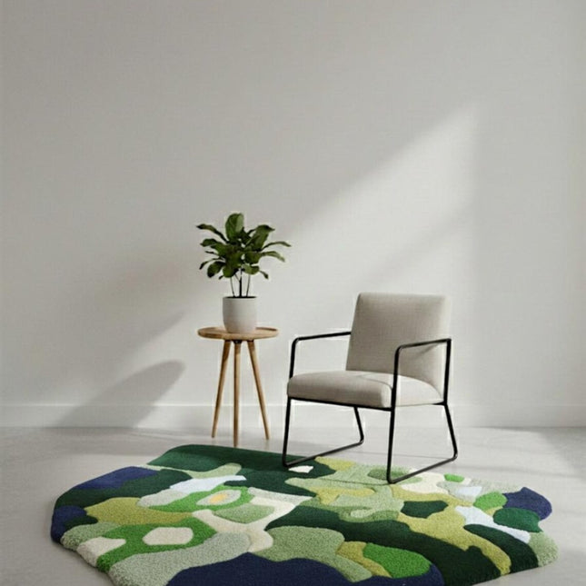 Modern Moss Green Abstract Rug, Hand-Tufted Organic Shape Wool Carpet