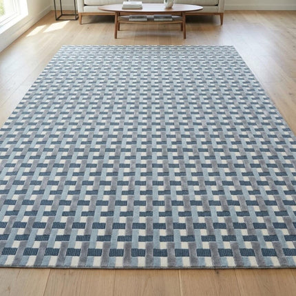 Modern Blue Checkered Wool & Silk Rug - Hand-Tufted 8x10 Area Rug