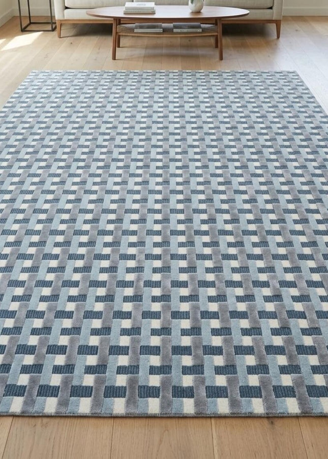 Modern Blue Checkered Wool & Silk Rug - Hand-Tufted 8x10 Area Rug