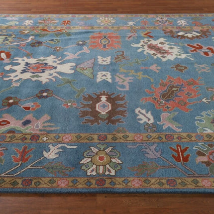 Hand-Knotted Oushak Wool Rug: Traditional Turkish Floral Carpet, 9x12
