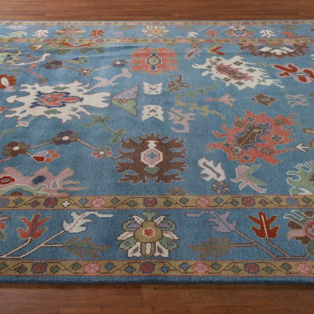 Hand-Knotted Oushak Wool Rug: Traditional Turkish Floral Carpet, 9x12