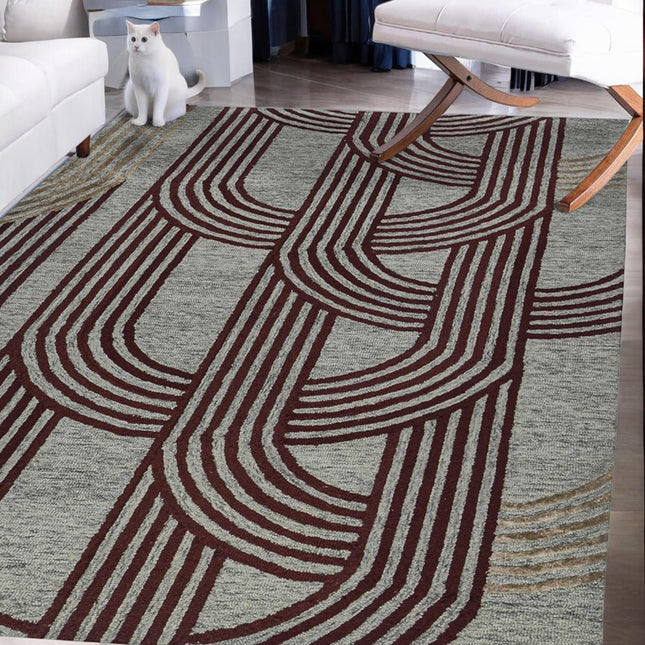 Mocha Geometric Arch Pattern Hand Tufted Wool Rug for Living Room Decor