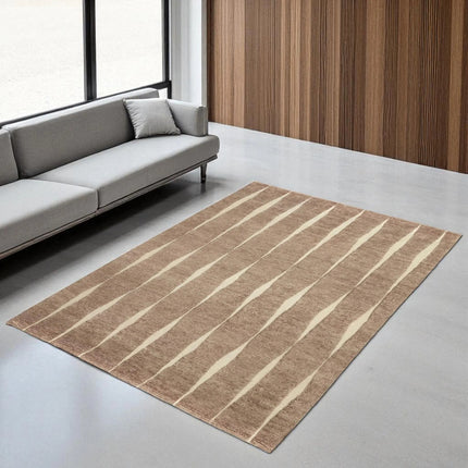 Hand Knotted Wool Rug 8x10: Abstract Vertical Stripe, Beige & Brown