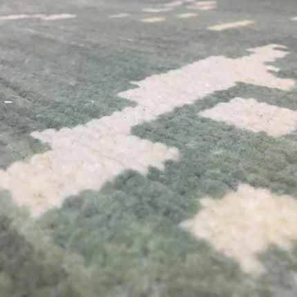 Hand Knotted Ikat Wool Rug: Soft Green & Beige Modern Carpet