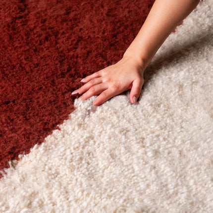 Handwoven Shag Wool Rug  Modern Abstract Rust & Ivory Geometric Carpet