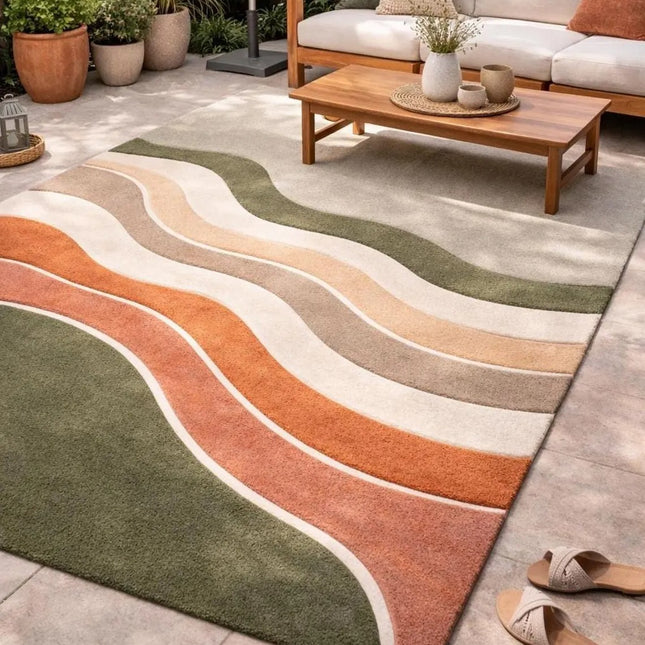 Hand Tufted Wool Rug, Abstract Wave Earth Tones, Contemporary Decor