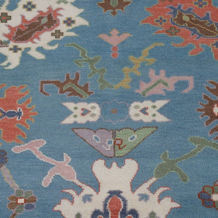 Hand-Knotted Oushak Wool Rug: Traditional Turkish Floral Carpet, 9x12