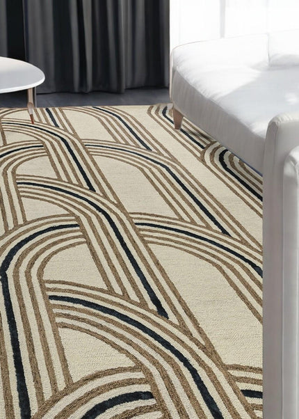 Mocha Geometric Arch Pattern Hand Tufted Wool Rug for Living Room Decor