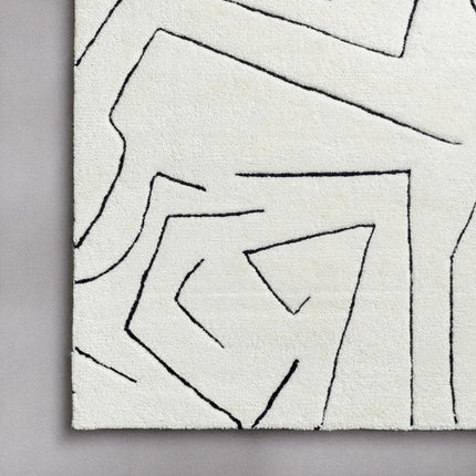 Hand-Tufted Wool Rug: 8x10 Cream & Black Abstract Line Art