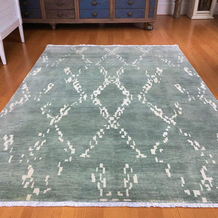 Hand Knotted Ikat Wool Rug: Soft Green & Beige Modern Carpet