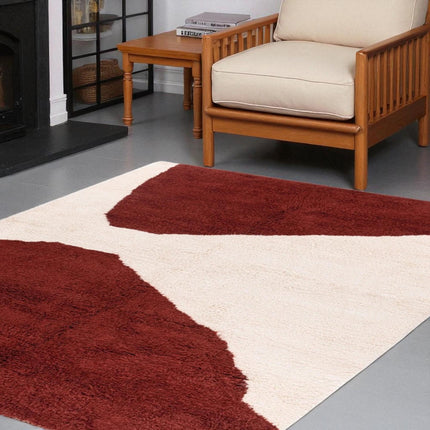Handwoven Shag Wool Rug  Modern Abstract Rust & Ivory Geometric Carpet