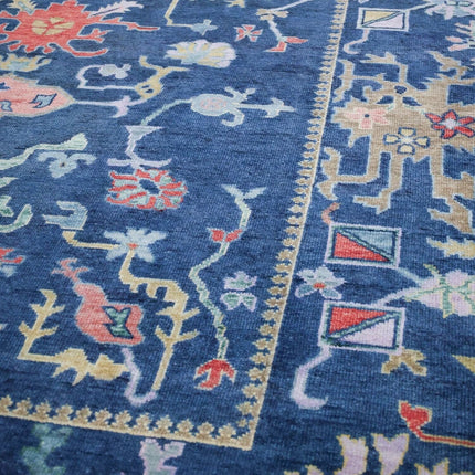 Handwoven Navy Blue Wool Oushak Rug: Traditional Turkish Carpet