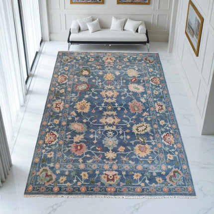 Hand Knotted Anatolian Wool Rug: 8x10 Blue Oushak Floral Design