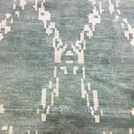 Hand Knotted Ikat Wool Rug: Soft Green & Beige Modern Carpet
