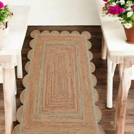 Handmade Pale Green Scalloped Jute Rug: Eco-Friendly Bohemian Runner