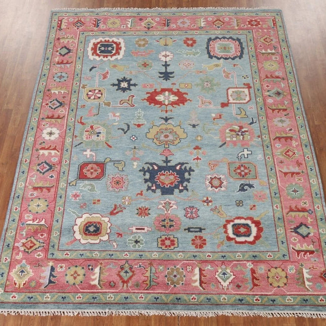 Hand Knotted Pink & Blue Oushak Wool Rug: 9x12 Vintage Floral Carpet