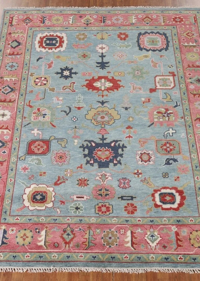Hand Knotted Pink & Blue Oushak Wool Rug: 9x12 Vintage Floral Carpet