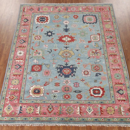Hand Knotted Pink & Blue Oushak Wool Rug: 9x12 Vintage Floral Carpet