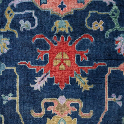 Handwoven Navy Blue Wool Oushak Rug: Traditional Turkish Carpet