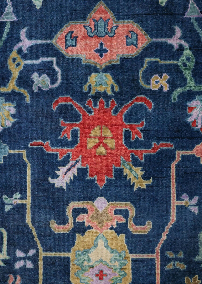 Handwoven Navy Blue Wool Oushak Rug: Traditional Turkish Carpet