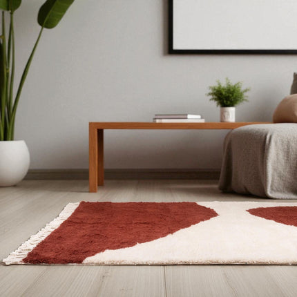 Handwoven Shag Wool Rug  Modern Abstract Rust & Ivory Geometric Carpet