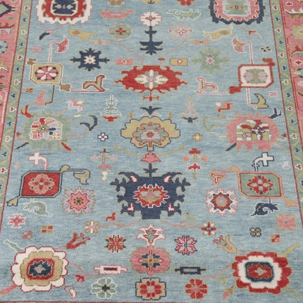 Hand Knotted Pink & Blue Oushak Wool Rug: 9x12 Vintage Floral Carpet