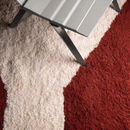Handwoven Shag Wool Rug  Modern Abstract Rust & Ivory Geometric Carpet