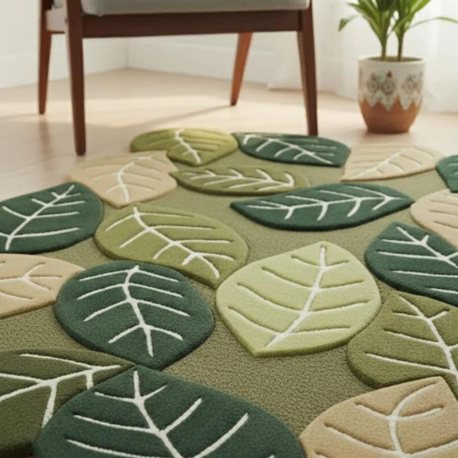 Hand Tufted Wool Leaf Rug, Earthy Green Modern Organic Living Room Area Carpet