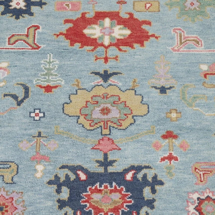Hand Knotted Pink & Blue Oushak Wool Rug: 9x12 Vintage Floral Carpet