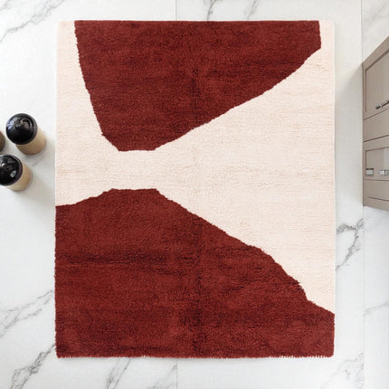 Handwoven Shag Wool Rug  Modern Abstract Rust & Ivory Geometric Carpet