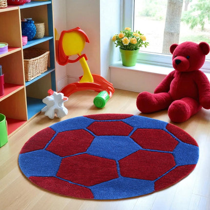 Red & Blue Soccer Ball Round Hand Tufted Wool Rug : Kids Room Play Carpet