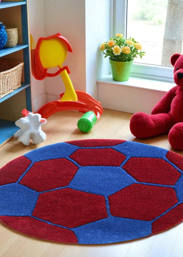 Red & Blue Soccer Ball Round Hand Tufted Wool Rug : Kids Room Play Carpet