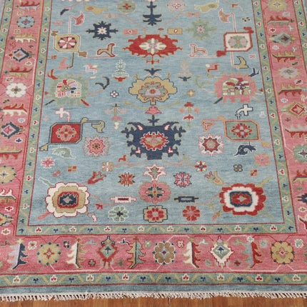Hand Knotted Pink & Blue Oushak Wool Rug: 9x12 Vintage Floral Carpet