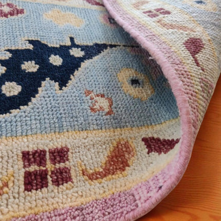 Hand-Knotted Oushak Wool Rug: Pink Turkish Floral Area Rug