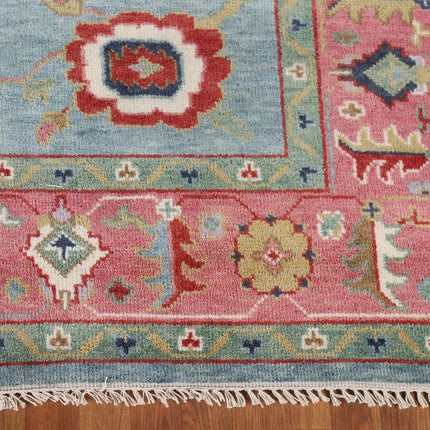 Hand Knotted Pink & Blue Oushak Wool Rug: 9x12 Vintage Floral Carpet
