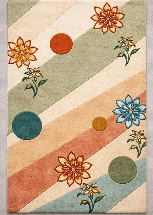 Modern Floral Geometric Hand-Tufted Wool Rug, Multicolor Abstract Designer Area Carpet
