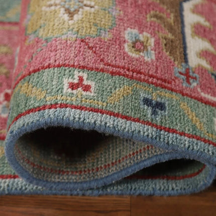 Hand Knotted Pink & Blue Oushak Wool Rug: 9x12 Vintage Floral Carpet