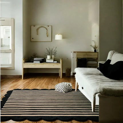 Hand Tufted Scalloped Wool Rug: Modern Blue Striped Area Rug