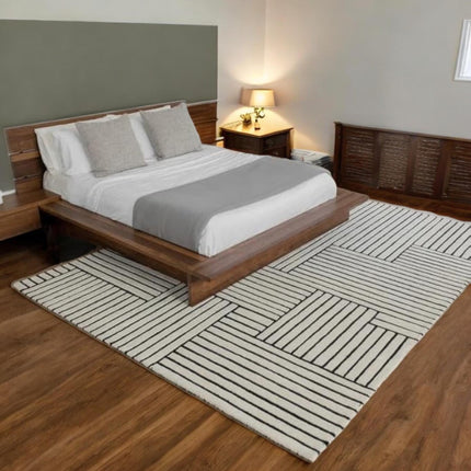 Black Striped Hand-Tufted Wool Rug: 8x10 Minimalist Decor