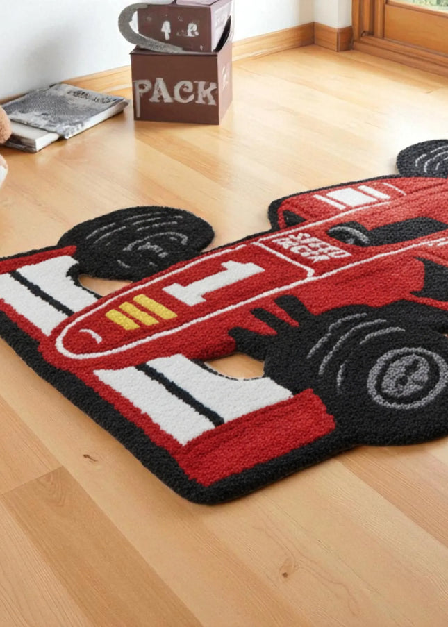 Red Race Car Wool Rug – Hand Tufted F1 Speed Racer Rug