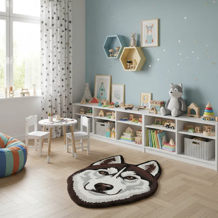 Hand Tufted Wool Husky Rug: Plush Dog Face Carpet, Nursery Decor